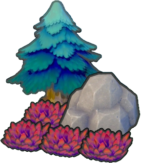 Árbol picudo con roca y herbazal