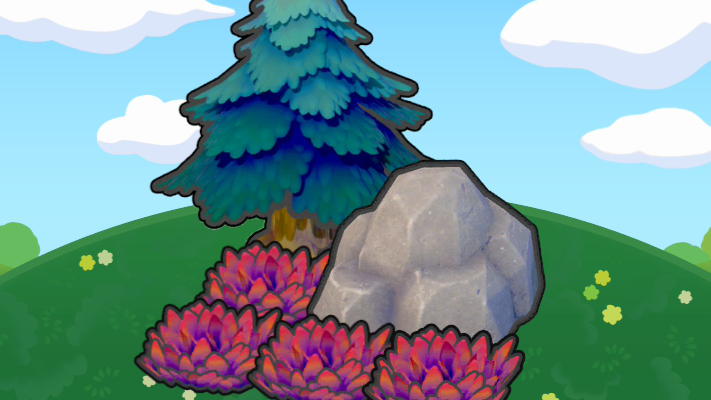 Árbol picudo con roca y herbazal